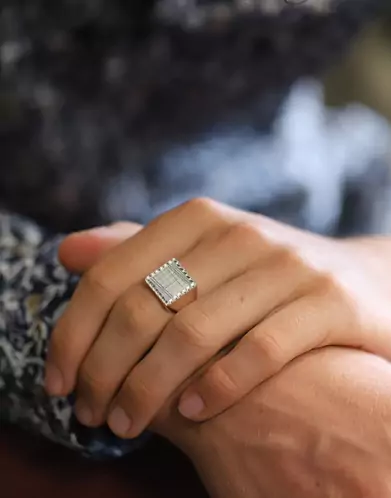 Chevalière Christophe Argent Massif Damier Rainurée Double