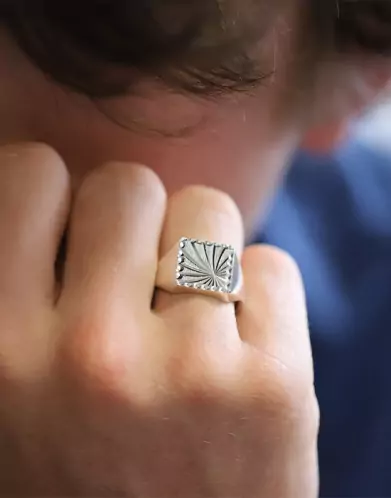 Chevalière Constant Argent Massif Damier Soleil
