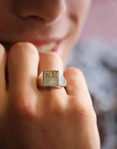 Chevalière Constant Argent Massif Damier Étoilée