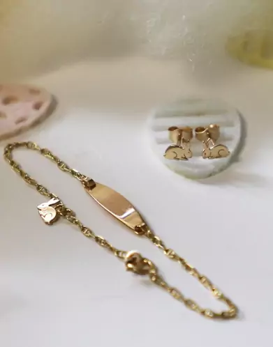 Bracelet Identité Bébé plaque Ovale Maille Marine et Pampille Lapin
