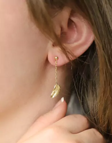 Boucles d'Oreilles Pendantes Plume en Or