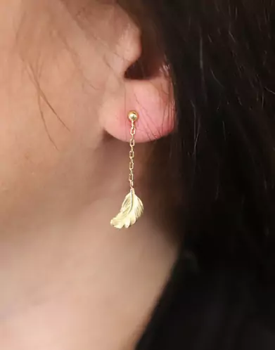 Boucles d'Oreilles Pendantes Plume en Or