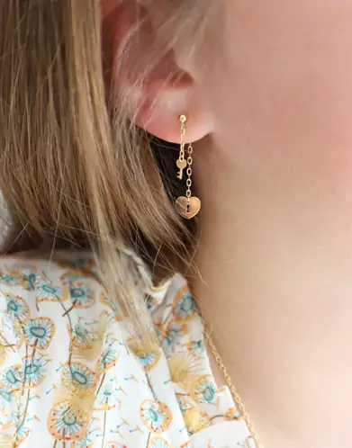 Boucles d'Oreilles Pendantes Coeur et Clé en Or