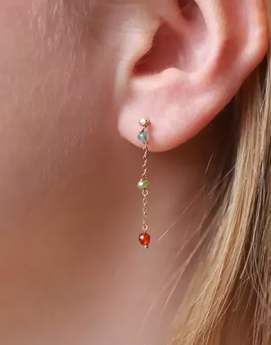 Boucles d’Oreilles Pendantes en Or Jaune 18K et Pierres Fines Bleues, Vertes, Rouges