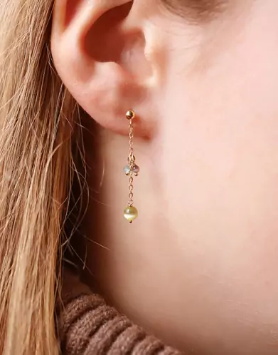 Boucles d’Oreilles Pendantes en Or Jaune 18K Pampilles Pierres Fines Bleues, Violettes, Vertes