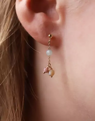 Boucles d’Oreilles Pendantes en Or Jaune 18K Pampilles Pierres Fines Blanches et Roses