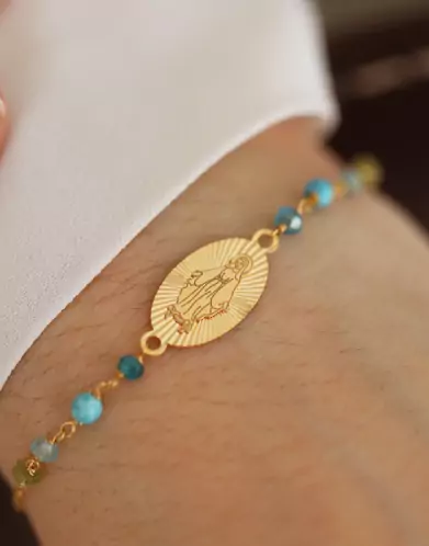 Bracelet Médaille Miraculeuse Soleillée Or Jaune 18K Multi Pierres Bleues & Vertes