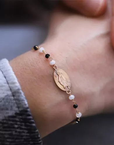 Bracelet Médaille Miraculeuse Soleillée Or Jaune 18K Multi Pierres Noires & Blanches
