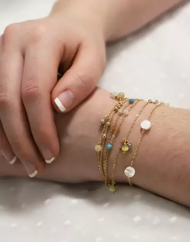 Bracelet Or jaune 18K 6 Pampilles Pierres Fines Vertes et Bleues