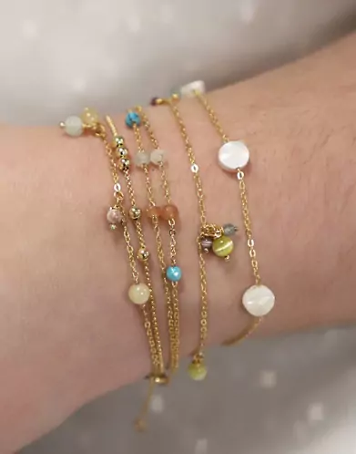 Bracelet Or jaune 18K 6 Pampilles Pierres Fines Vertes et Bleues