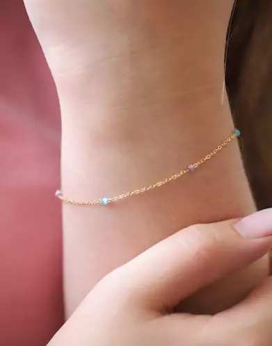 Bracelet Or jaune 18K 4 Pampilles Pierres Fines bleues et roses