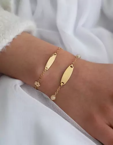 Bracelet Plaque Ovale en Or Jaune 18K et Pierres Fines Beige Verte Rose