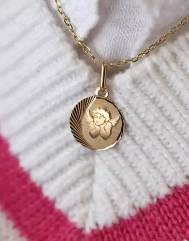 Médaille Ronde Lune Soleillée avec Ange Penseur en Or Personnalisable