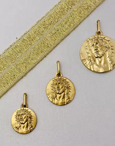 Médaille Ronde Christ Couronne d'Épines en Or Personnalisable - Petit Modèle
