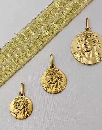 Médaille Ronde Christ Couronne d'Épines en Or Personnalisable - Grand Modèle