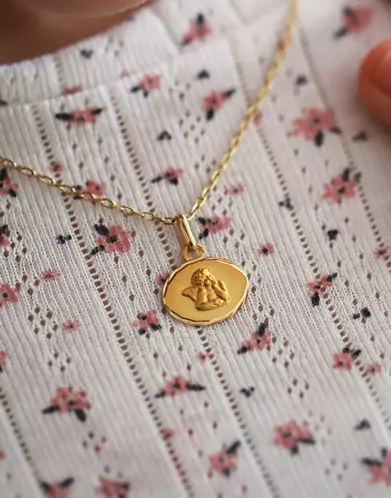Médaille Ovale Horizontale Diamantée Ange Penseur en Or Personnalisable