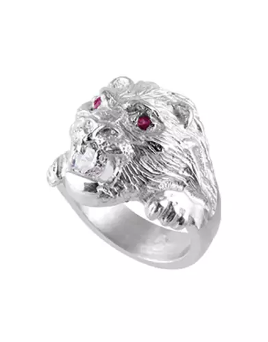 Bague Tête de lion Rubis & Zirconium Argent Massif
