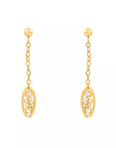 Boucles d’Oreilles Pendant Feuille Filigrane en Or Jaune