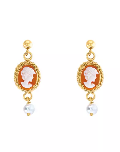 Boucles d'Oreilles Pendantes Camée et Perle
