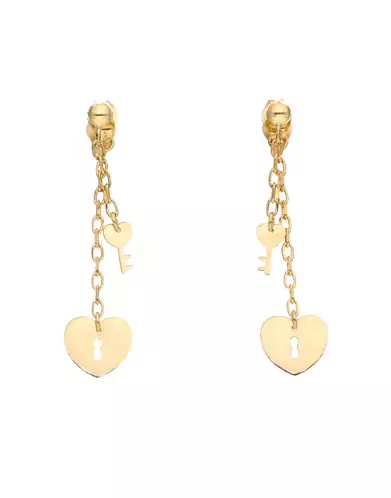 Boucles d'Oreilles Pendantes Coeur et Clé en Or