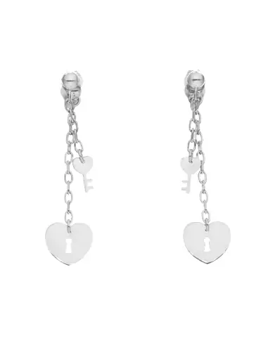Boucles d'Oreilles Pendantes Coeur et Clé en Or