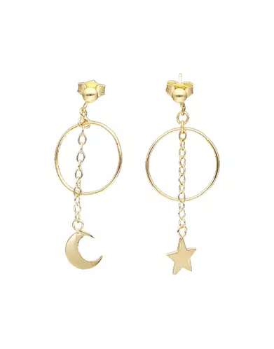 Boucles d'Oreilles Asymétriques Etoile et Lune en Or