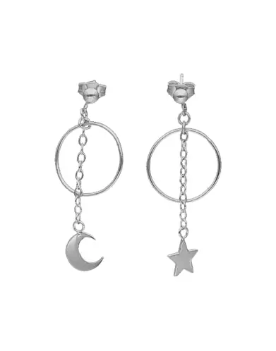Boucles d'Oreilles Asymétriques Etoile et Lune en Or