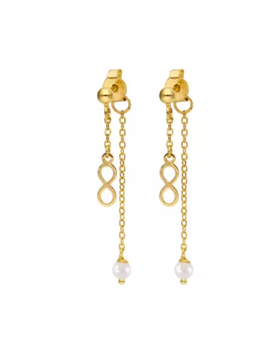 Boucles d’Oreilles Infini Or Jaune 18 K et Perles Blanches