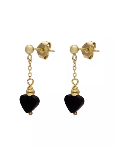 Boucles d'Oreilles Pendantes Cœur Onyx 18K