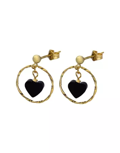 Boucles d'Oreilles Rond Torsadé & Cœur Onyx 18K