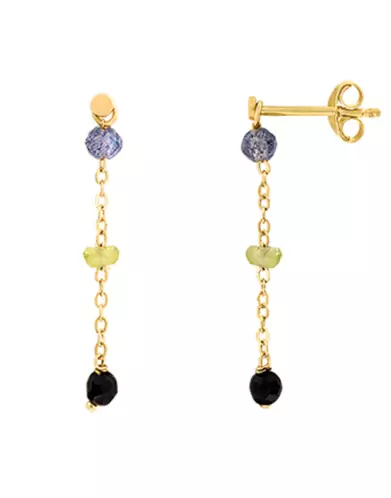 Boucles d’Oreilles Pendantes en Or Jaune 18K et Pierres Fines Bleues, Vertes, Noires