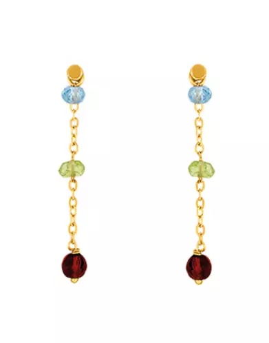 Boucles d’Oreilles Pendantes en Or Jaune 18K et Pierres Fines Bleues, Vertes, Rouges