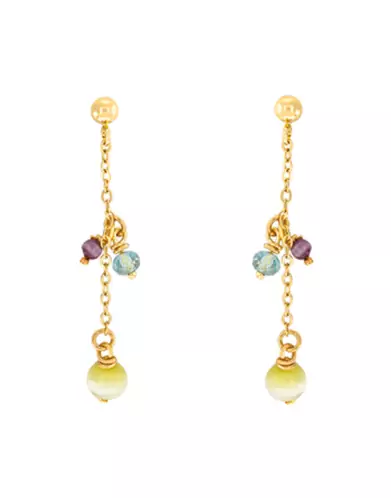 Boucles d’Oreilles Pendantes en Or Jaune 18K Pampilles Pierres Fines Bleues, Violettes, Vertes