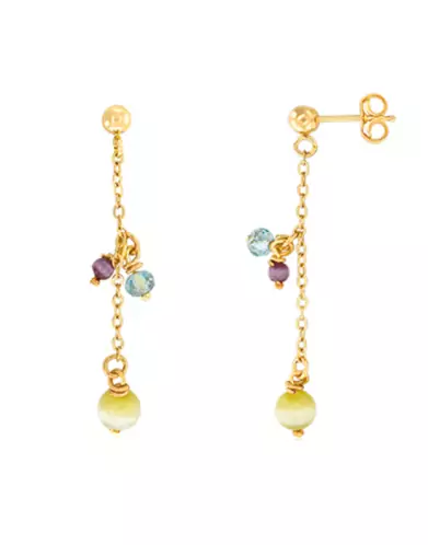 Boucles d’Oreilles Pendantes en Or Jaune 18K Pampilles Pierres Fines Bleues, Violettes, Vertes