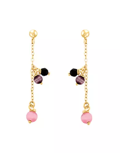 Boucles d’Oreilles Pendantes en Or Jaune 18K Pampilles Pierres Fines Noires, Violettes, Roses