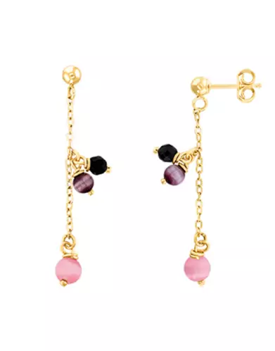 Boucles d’Oreilles Pendantes en Or Jaune 18K Pampilles Pierres Fines Noires, Violettes, Roses