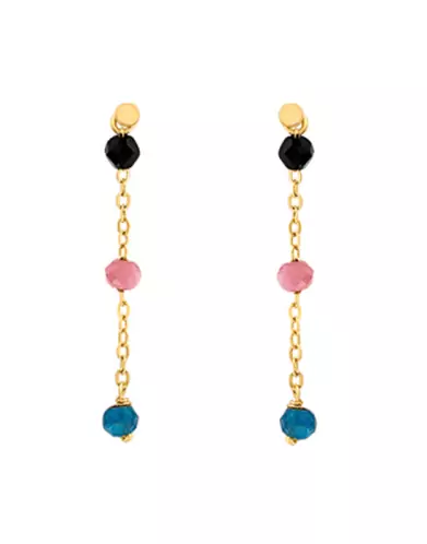 Boucles d’Oreilles Pendantes en Or Jaune 18K avec Pierres Fines Noires, Roses et Bleues