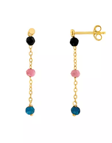 Boucles d’Oreilles Pendantes en Or Jaune 18K avec Pierres Fines Noires, Roses et Bleues