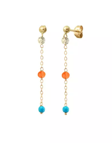 Boucles d’Oreilles Pendantes en Or Jaune 18K avec Pierres Fines Blanches Oranges et Bleues