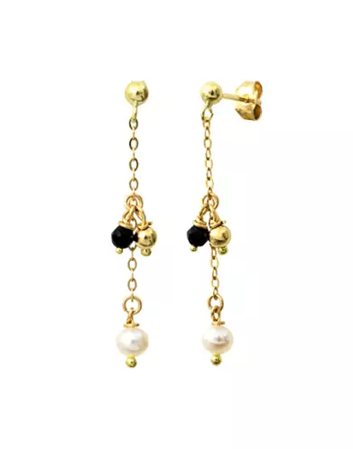 Boucles d’Oreilles Pendantes et Pampilles Boule Or Jaune 18K Pierres Fines Noires et Blanches