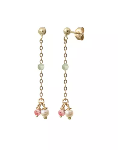 Boucles d’Oreilles Pendantes en Or Jaune 18K Pampilles Pierres Fines Blanches et Roses