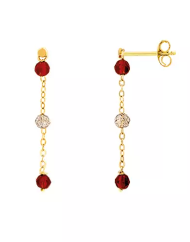 Boucles d’Oreilles Pendantes en Or Jaune 18K avec Pierres Fines Rouges et Transparentes
