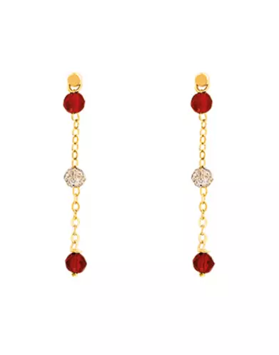 Boucles d’Oreilles Pendantes en Or Jaune 18K avec Pierres Fines Rouges et Transparentes