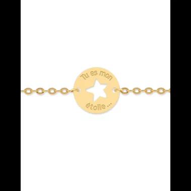 Bracelet Médaille Ronde Ajourée Étoile Gravé « Tu es mon étoile » en Or image cachée