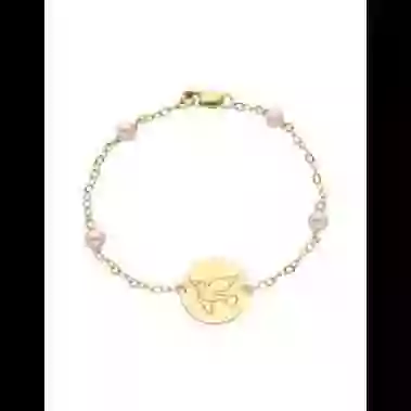 Bracelet Perles et Médaille Ronde Gravée Colombe en Or Jaune Personnalisable image cachée