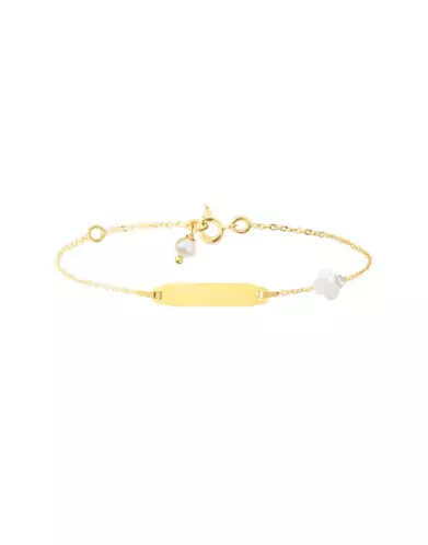 Bracelet Plaque Ovale en Or Jaune 18K Trèfle et Pampille de Nacre