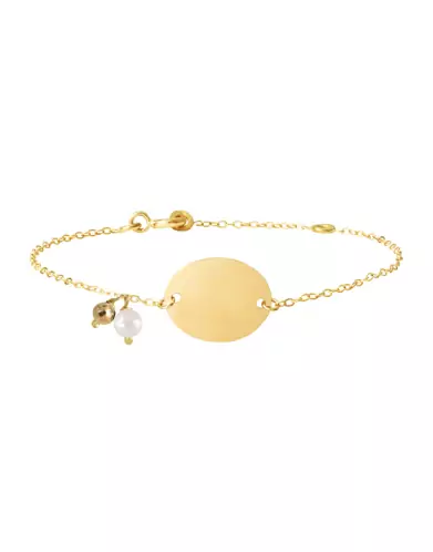 Bracelet Médaille Ovale en Or Jaune 18K et Pampille Perle