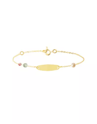 Bracelet Plaque Ovale en Or Jaune 18K et Pierres Fines Beige Verte Rose
