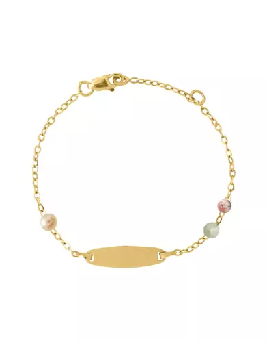 Bracelet Plaque Ovale en Or Jaune 18K et Pierres Fines Beige Verte Rose