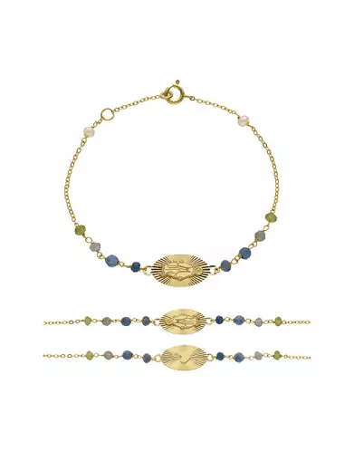 Bracelet Médaille Miraculeuse Soleillée Or Jaune 18K Multi Pierres Bleues & Vertes
